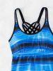 Striped Print Round Neck Tankini Sets, Criss Cross Strap Drawstring Boxer Short Bottom Two Pieces Swimsuit, Women's Swimwear & Clothing